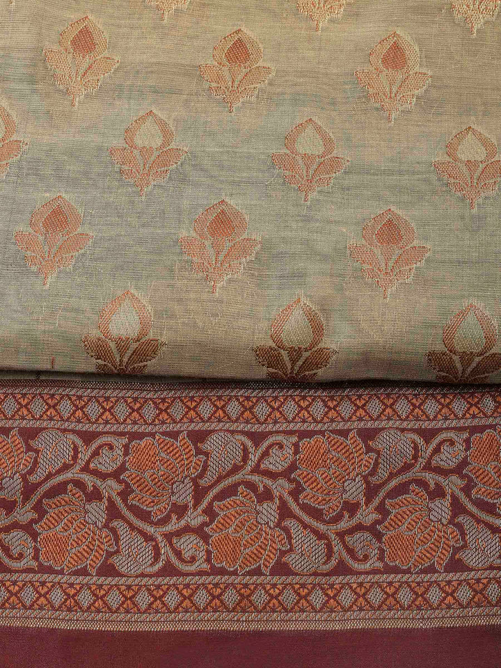 Beige-Wine Chanderi Banarasi Unstitched Dress Material