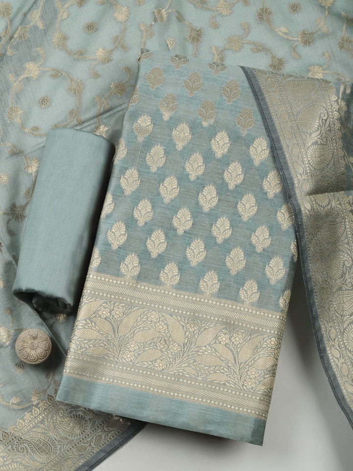 Aqua Chanderi Banarasi Unstitched Dress Material