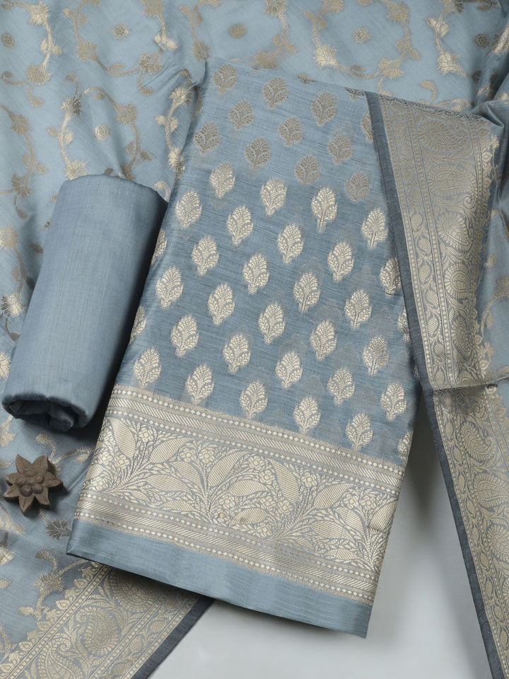 Grey Chanderi Banarasi Unstitched Dress Material