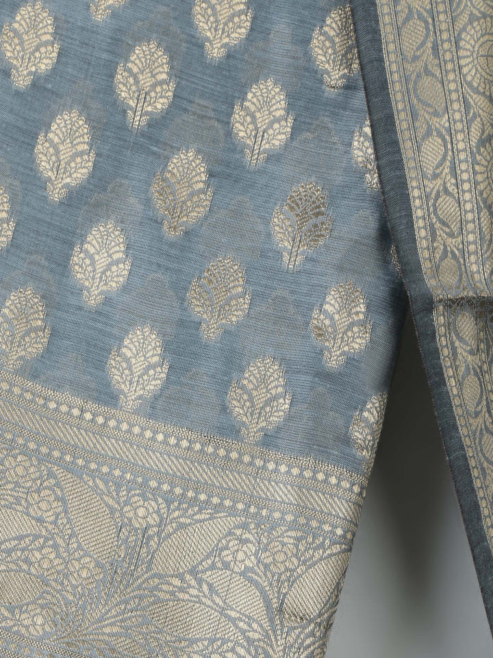 Grey Chanderi Banarasi Unstitched Dress Material