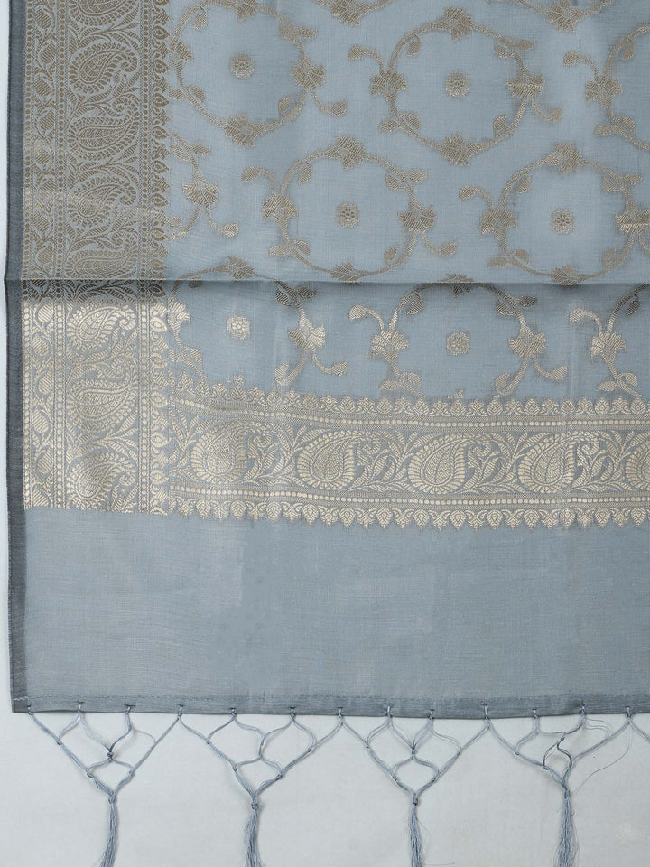 Grey Chanderi Banarasi Unstitched Dress Material