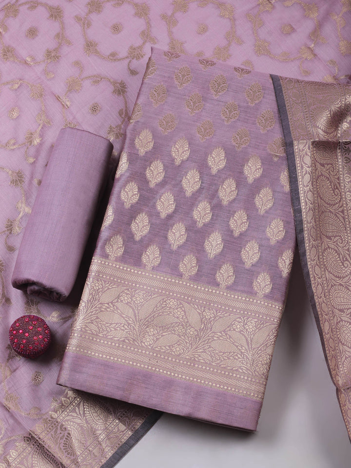 Pink Lavender Chanderi Banarasi Unstitched Dress Material
