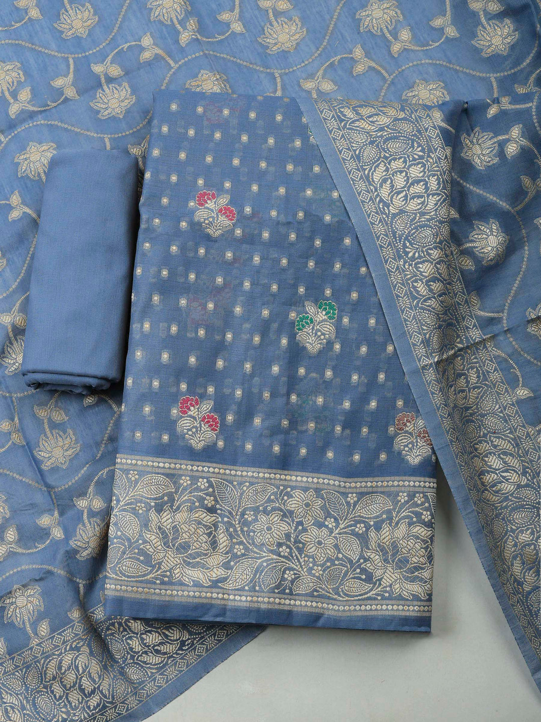 Grey Blue Banarasi Chanderi Unstitched Dress Material