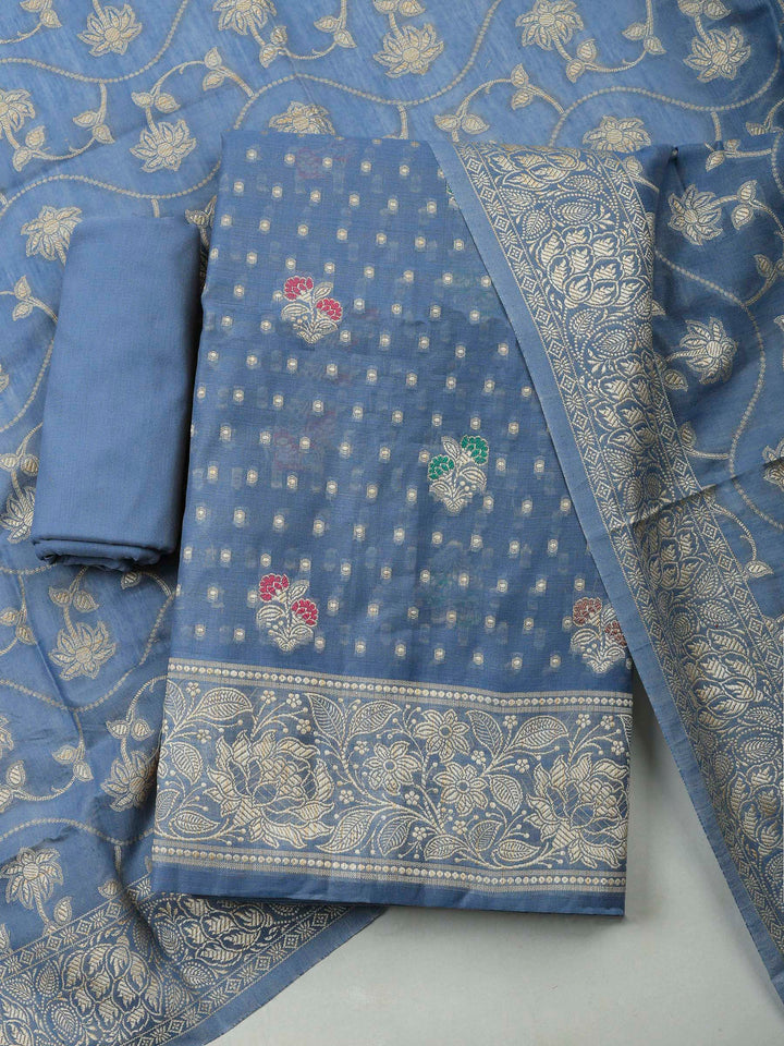 Grey Blue Banarasi Chanderi Unstitched Dress Material
