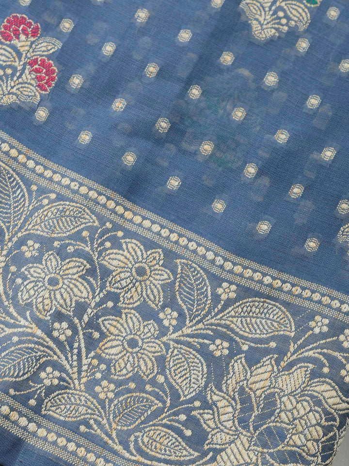 Grey Blue Banarasi Chanderi Unstitched Dress Material