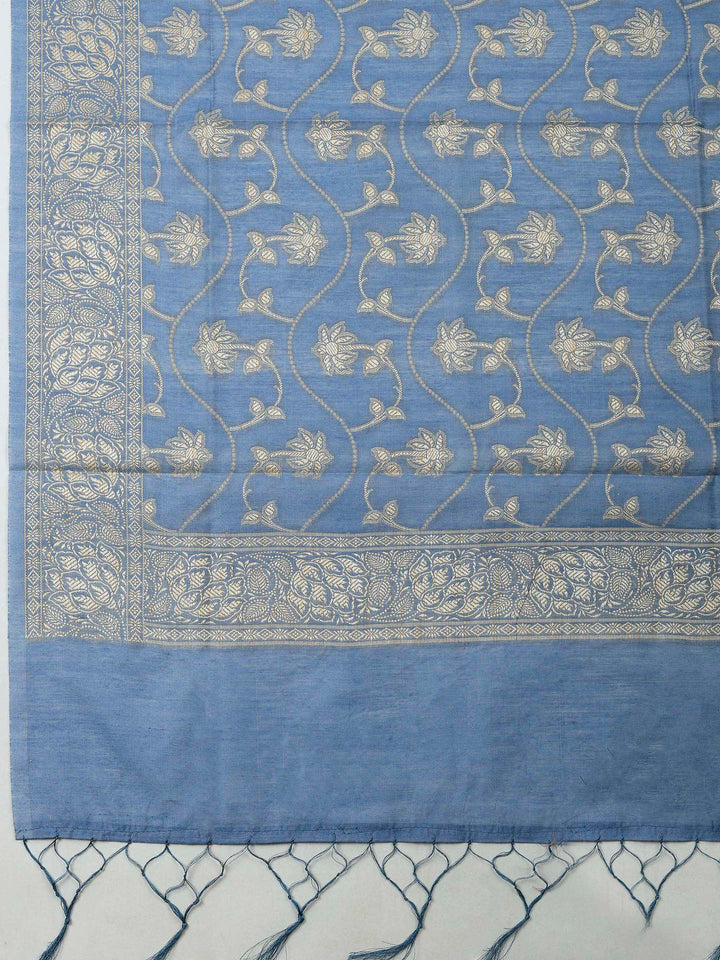 Grey Blue Banarasi Chanderi Unstitched Dress Material