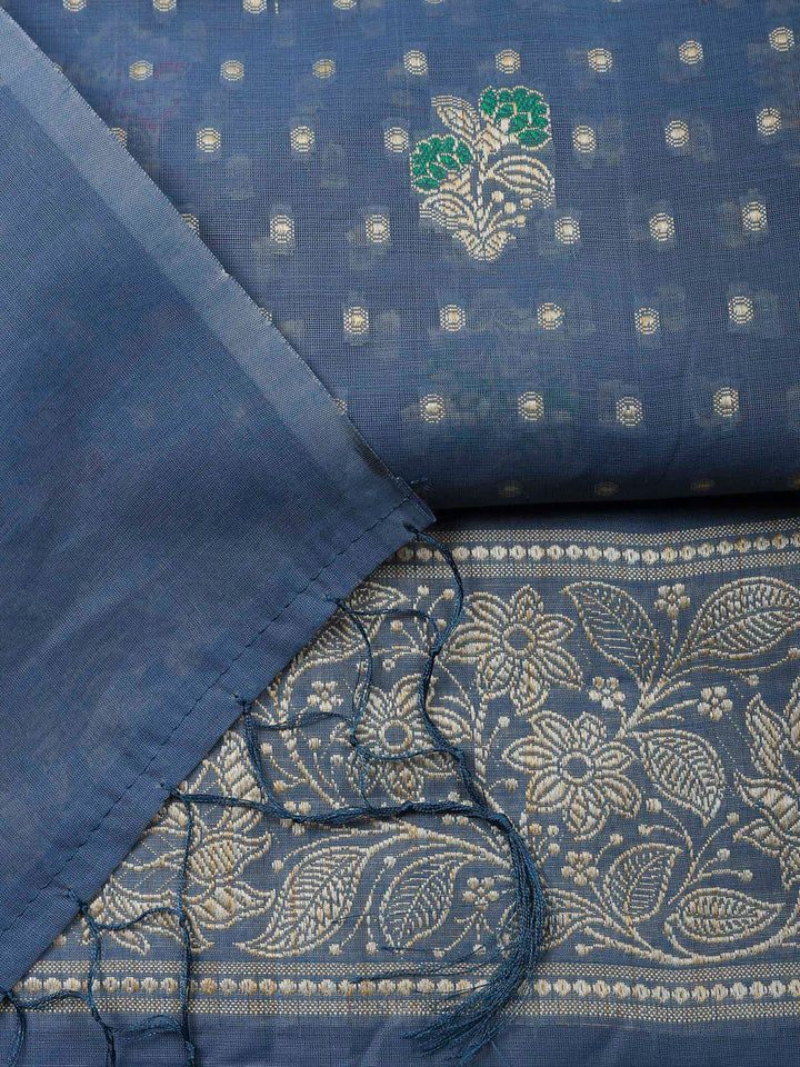 Grey Blue Banarasi Chanderi Unstitched Dress Material