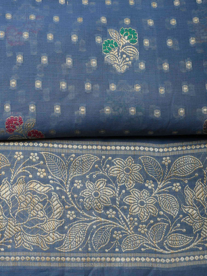 Grey Blue Banarasi Chanderi Unstitched Dress Material