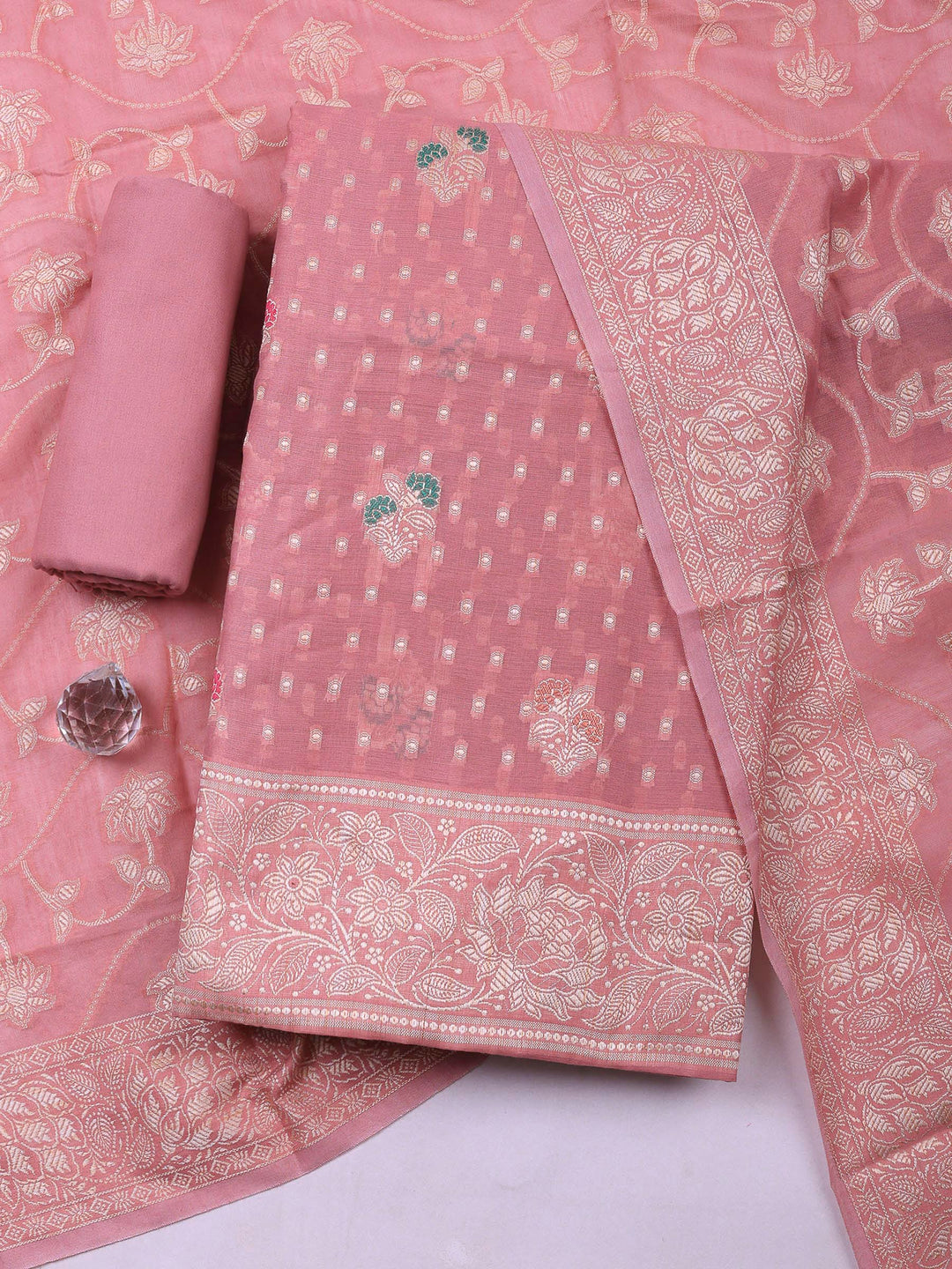 Pink Lt Banarasi Chanderi Unstitched Dress Material