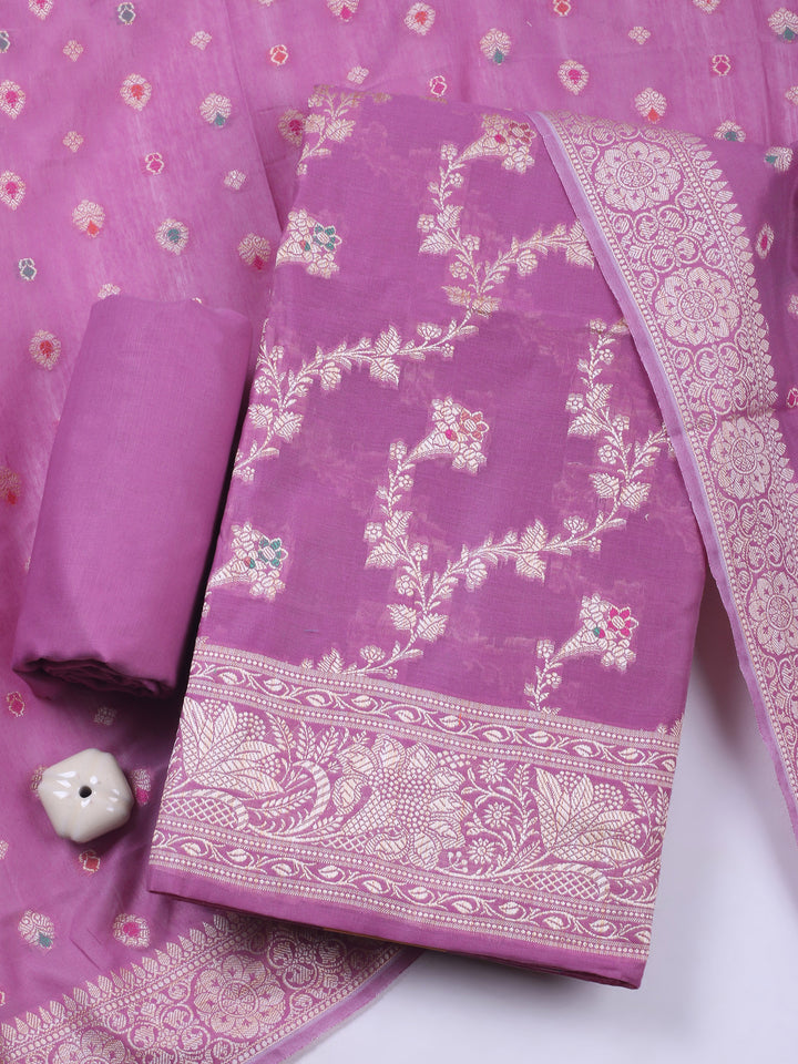Lavender Chanderi Banarasi Unstitched Dress Material