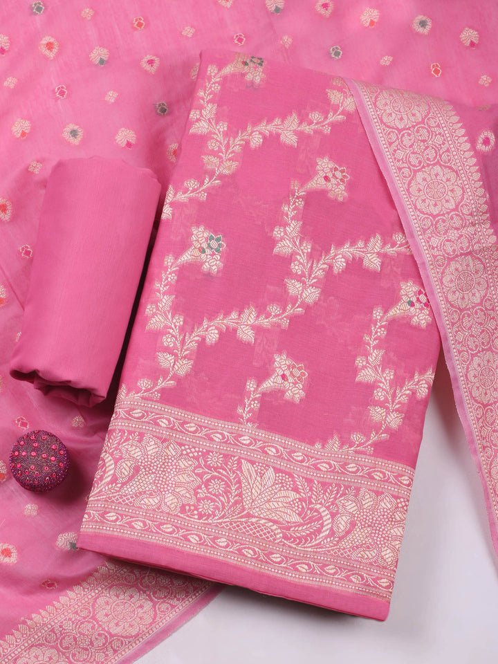 Pink Chanderi Banarasi Unstitched Dress Material
