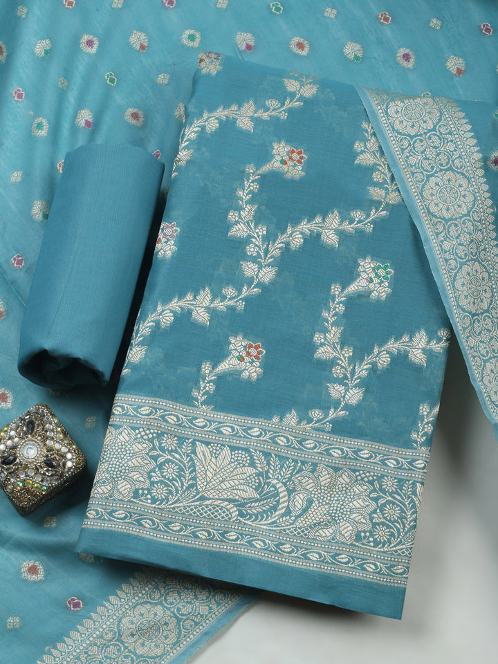 Sky Blue Chanderi Banarasi Unstitched Dress Material