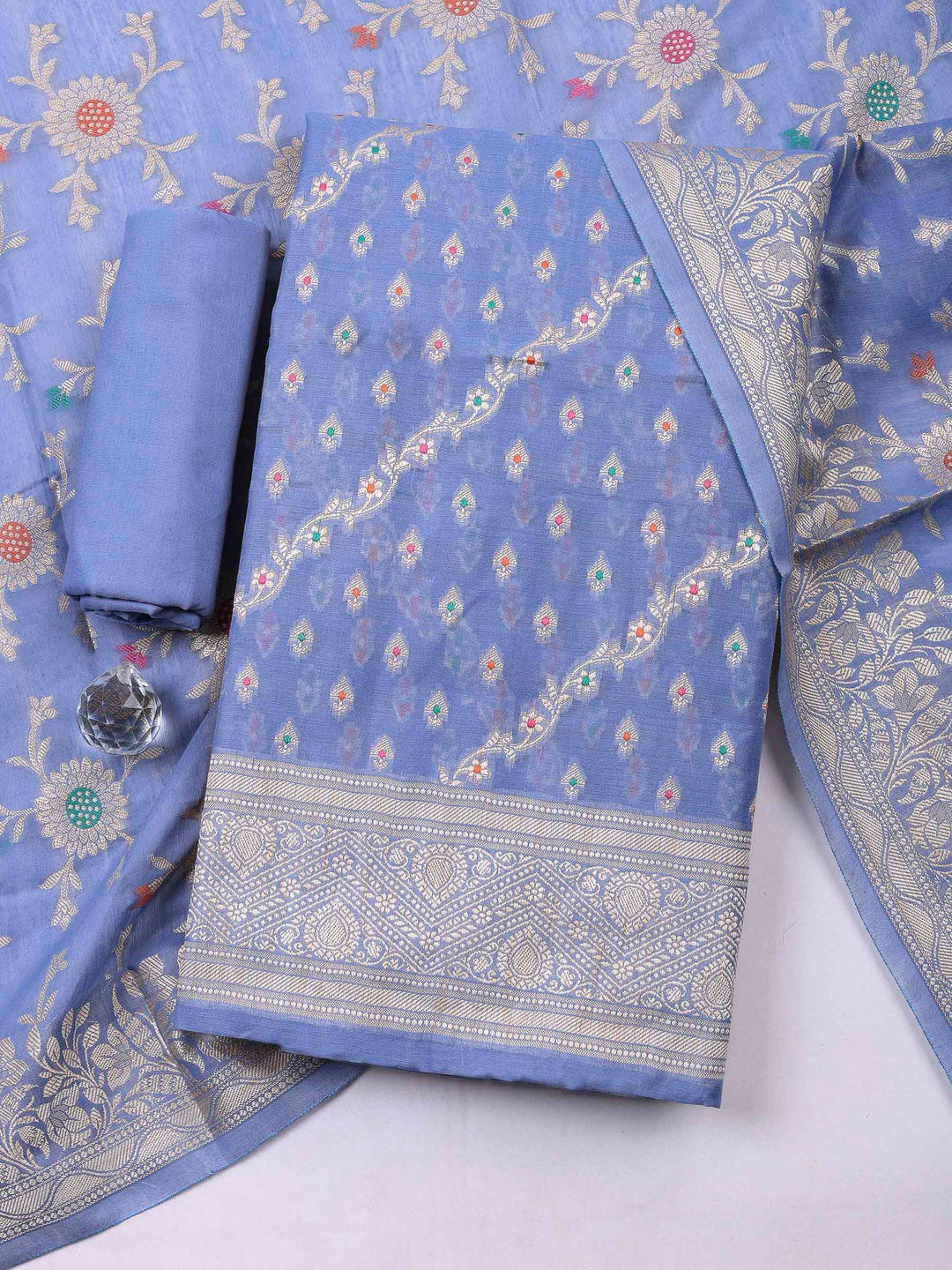 Grey Blue Banarasi Chanderi Unstitched Dress Material