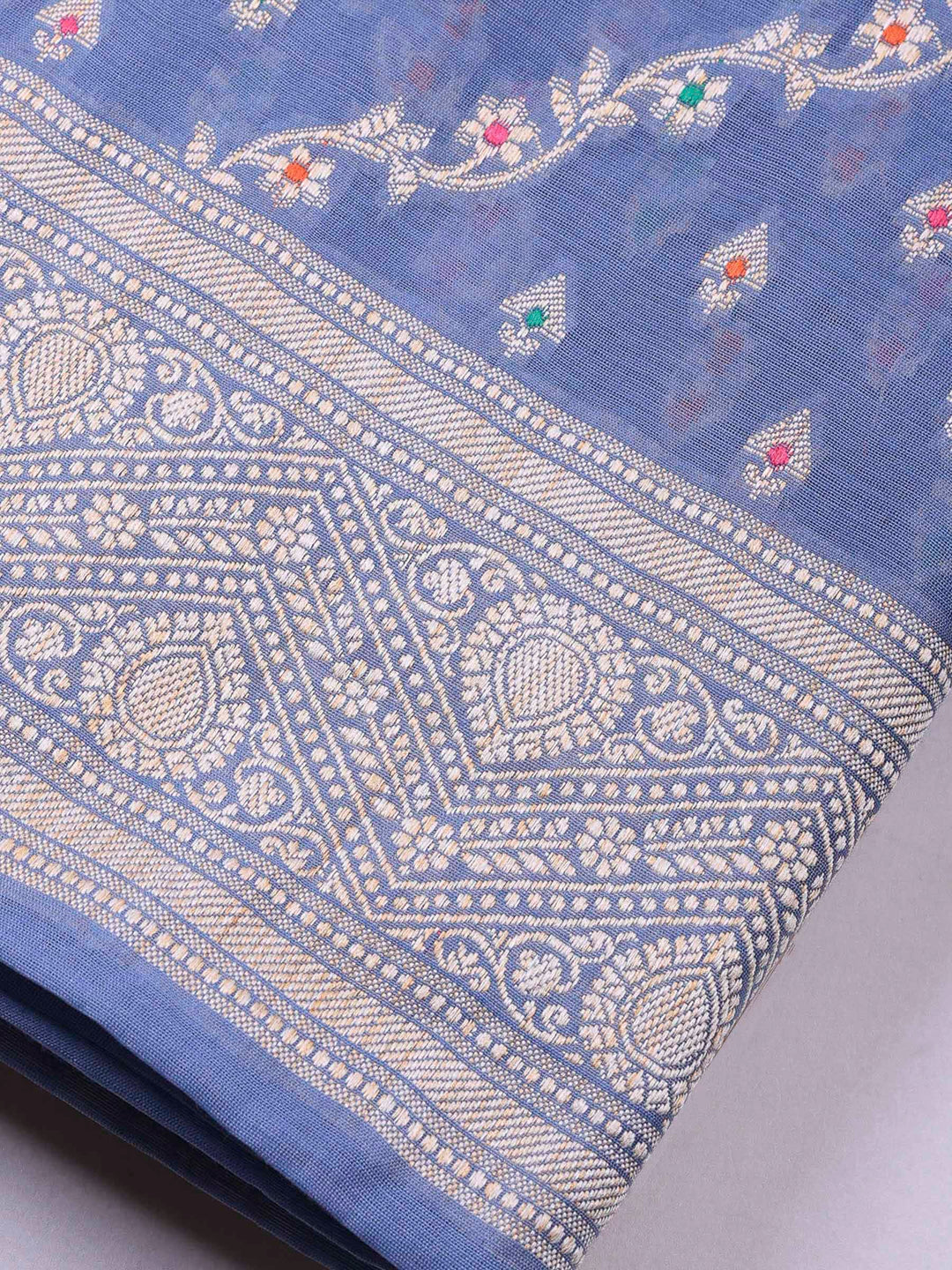 Grey Blue Banarasi Chanderi Unstitched Dress Material