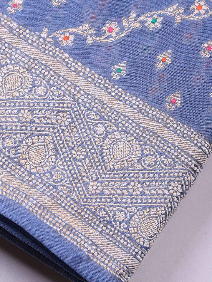 Grey Blue Banarasi Chanderi Unstitched Dress Material