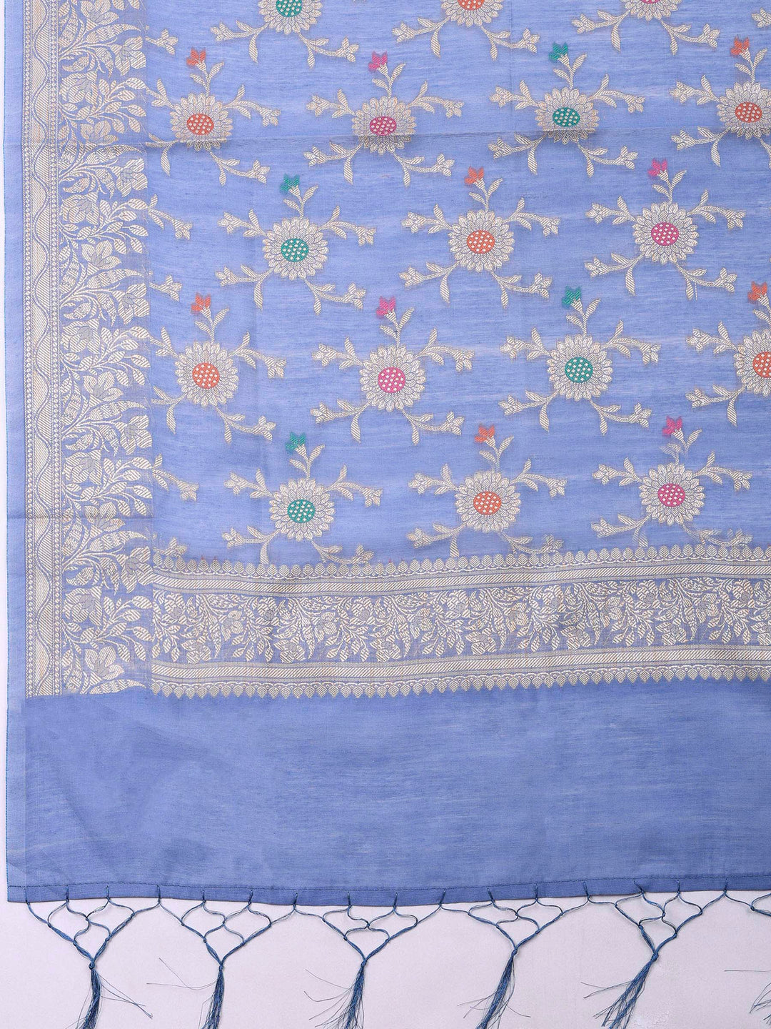 Grey Blue Banarasi Chanderi Unstitched Dress Material