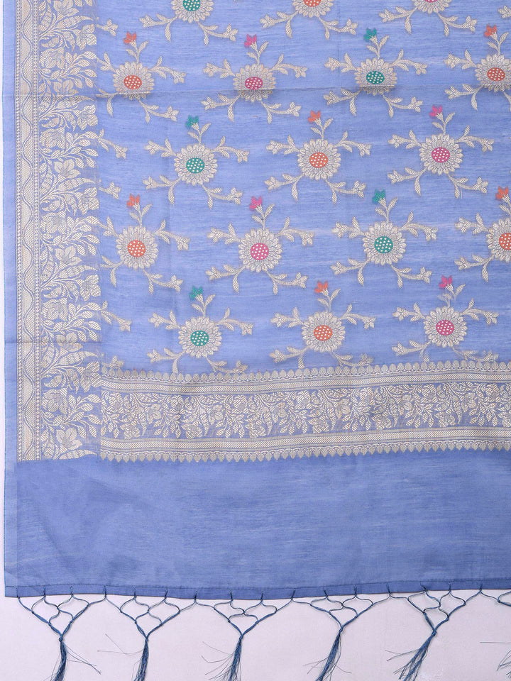 Grey Blue Banarasi Chanderi Unstitched Dress Material