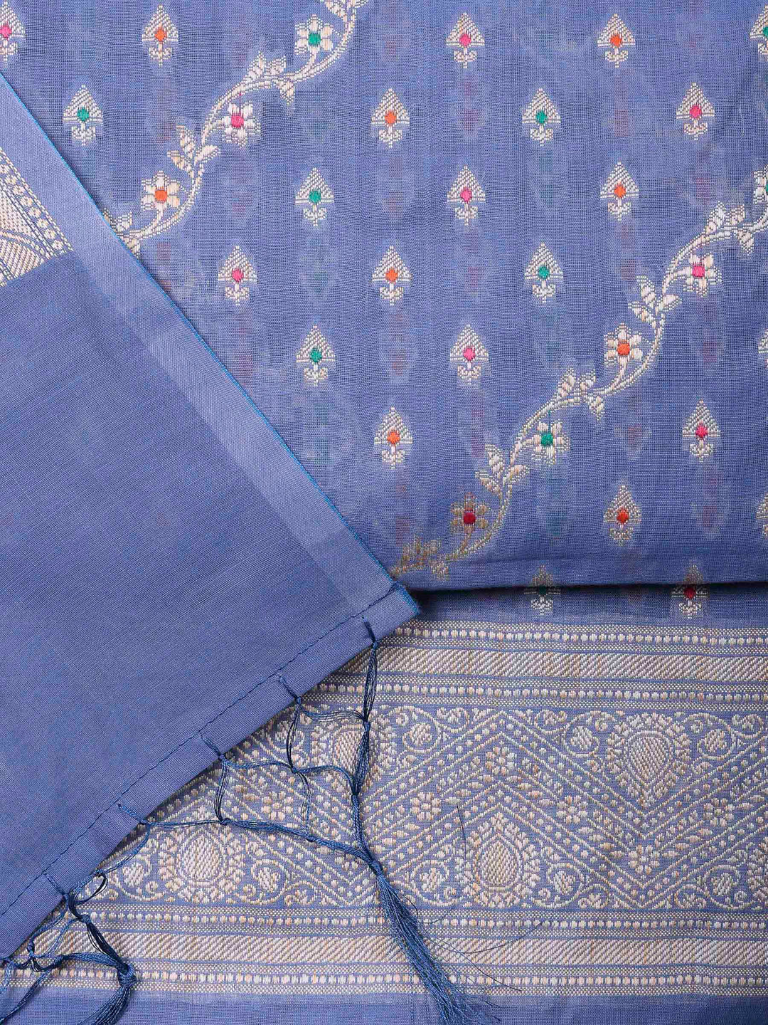 Grey Blue Banarasi Chanderi Unstitched Dress Material