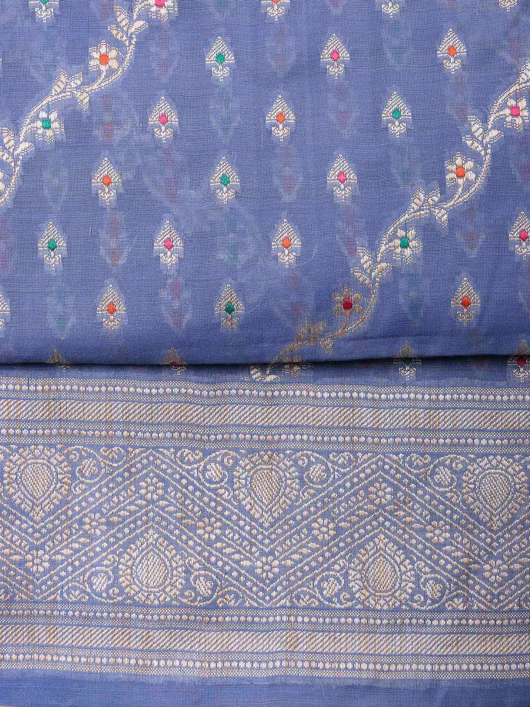 Grey Blue Banarasi Chanderi Unstitched Dress Material