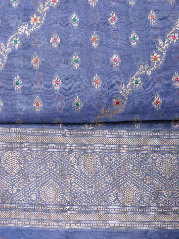 Grey Blue Banarasi Chanderi Unstitched Dress Material
