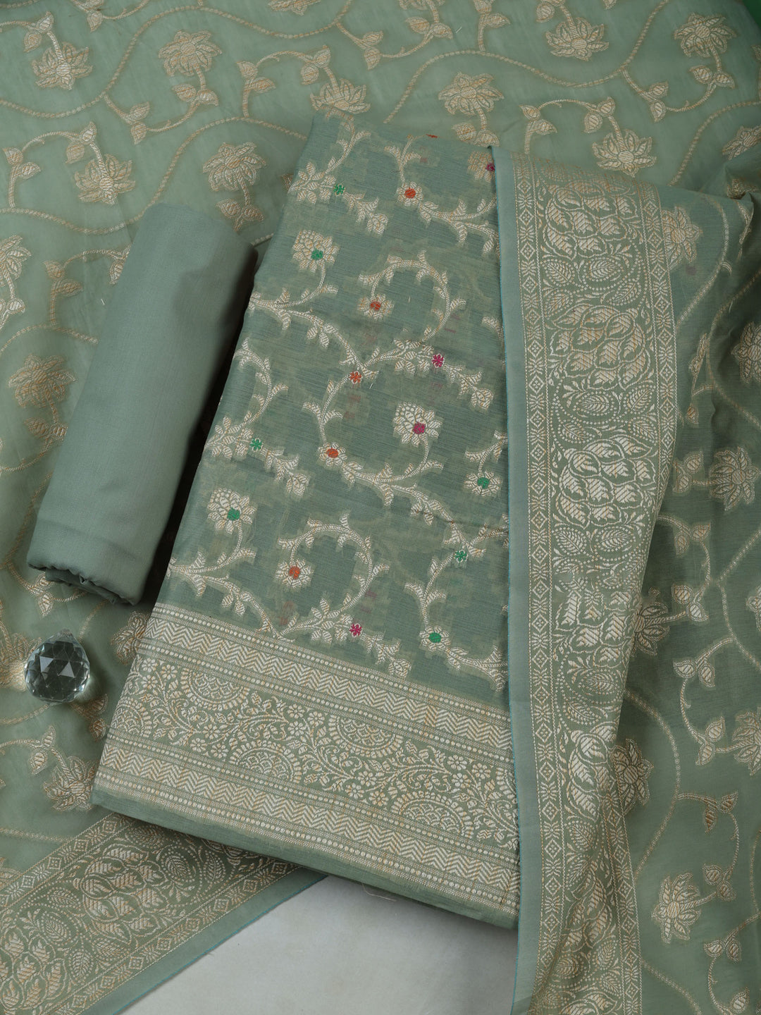 Aqua-Green Chanderi Woven Design Unstitched Dress Material