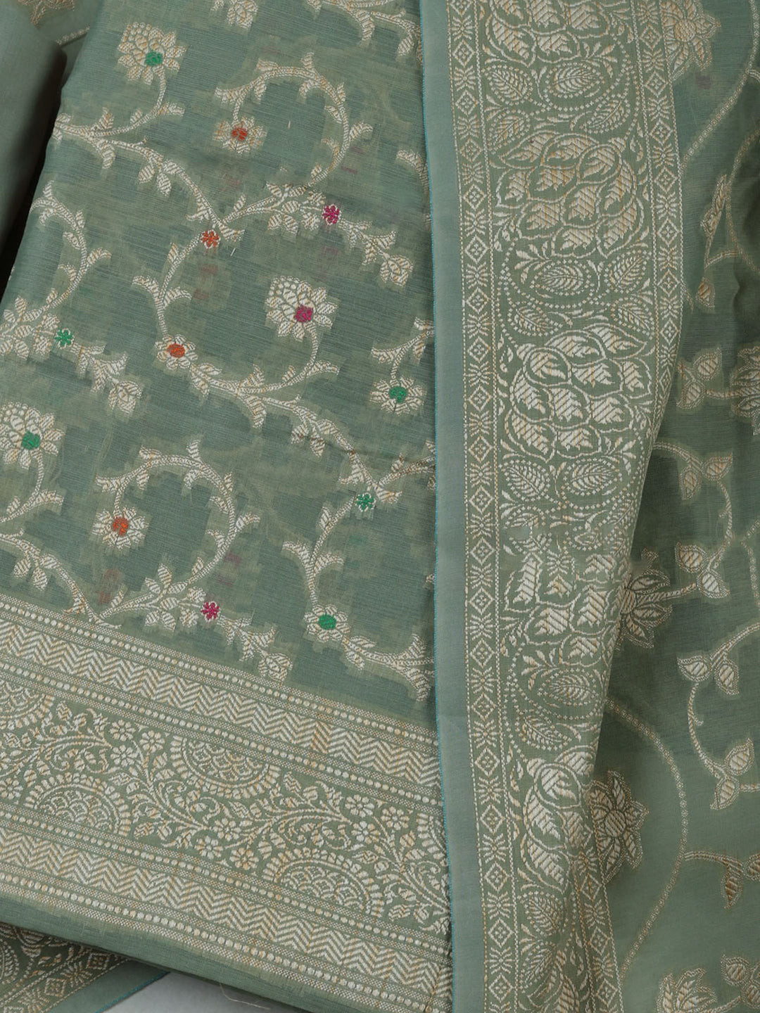 Aqua-Green Chanderi Woven Design Unstitched Dress Material
