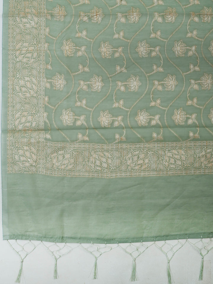 Aqua-Green Chanderi Woven Design Unstitched Dress Material