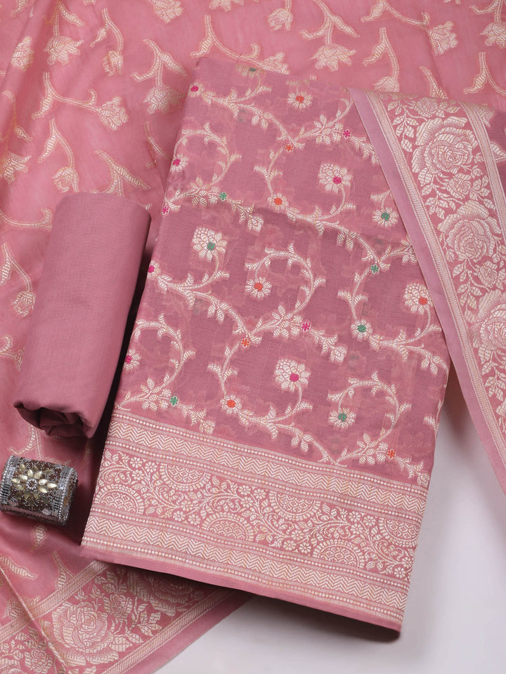 Dull Pink Chanderi Banarasi Unstitched Dress Material