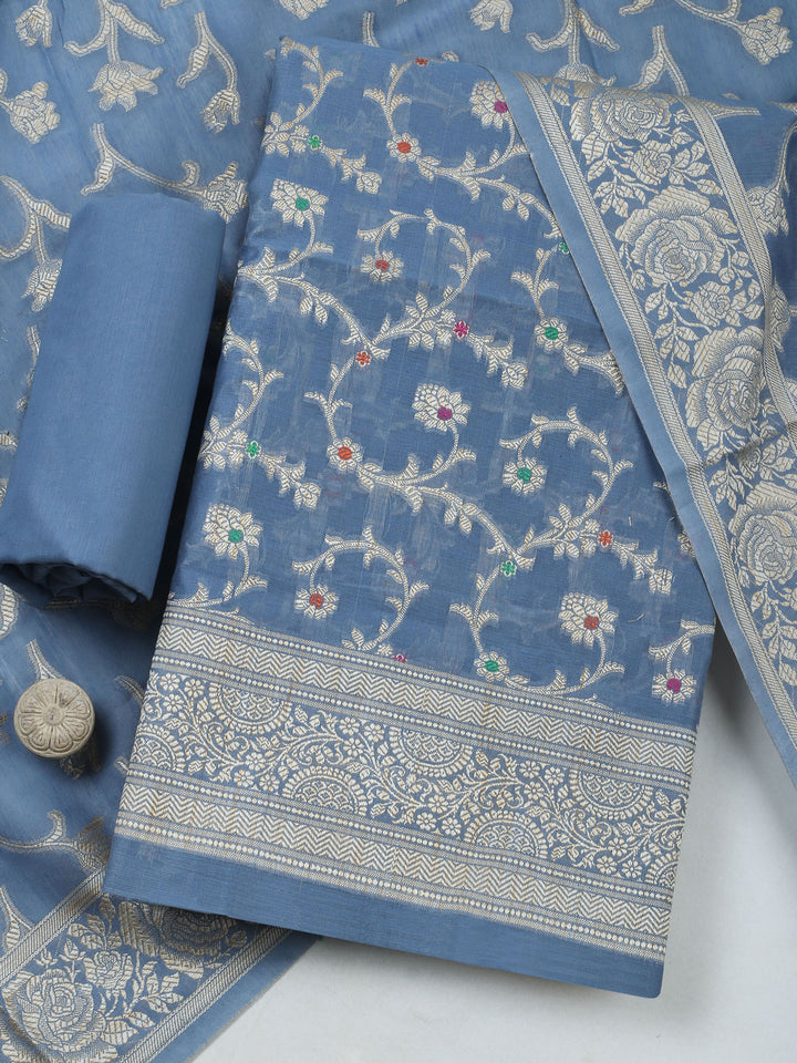 Grey Blue Chanderi Banarasi Unstitched Dress Material
