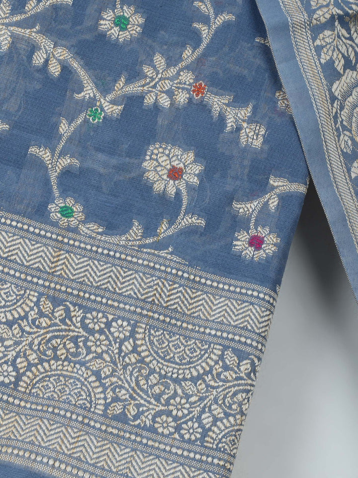 Grey Blue Chanderi Banarasi Unstitched Dress Material
