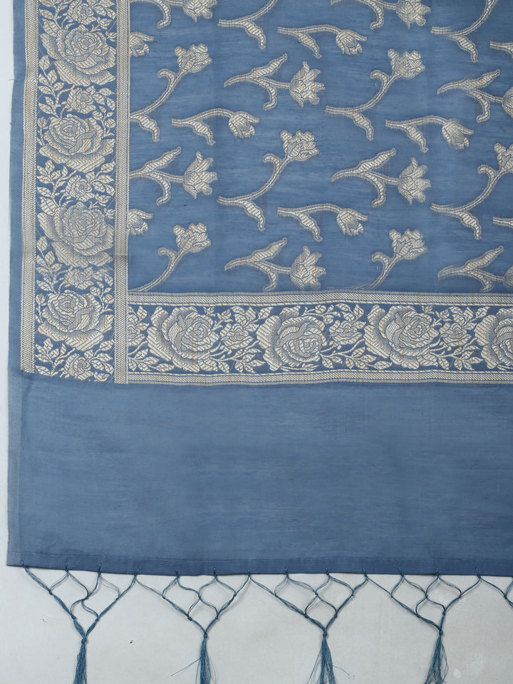 Grey Blue Chanderi Banarasi Unstitched Dress Material