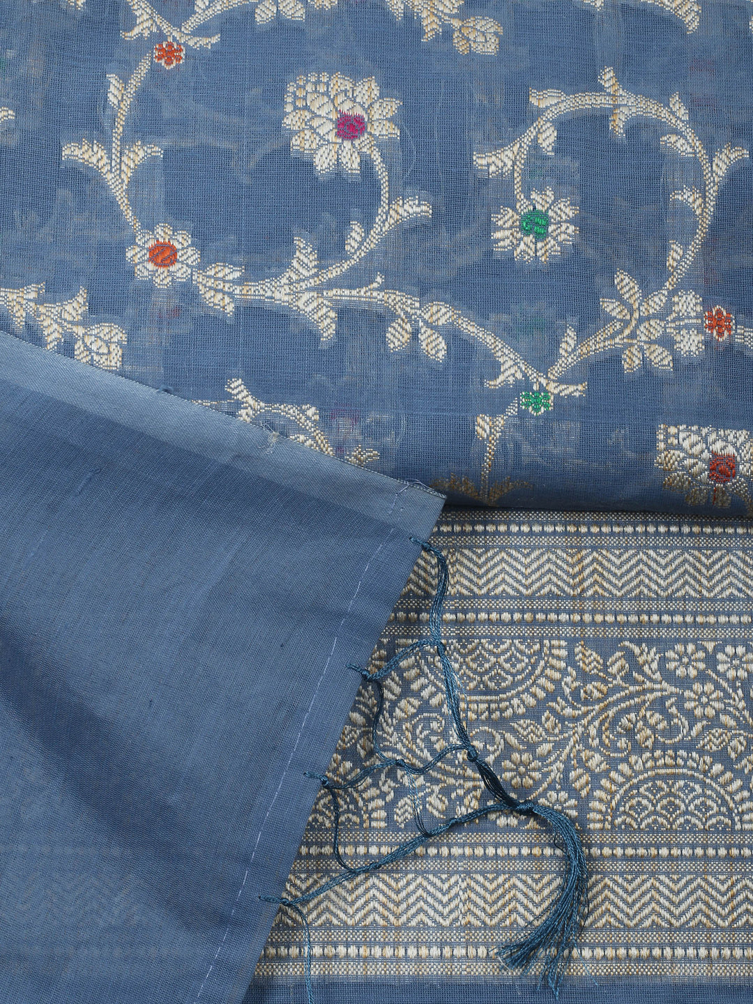 Grey Blue Chanderi Banarasi Unstitched Dress Material