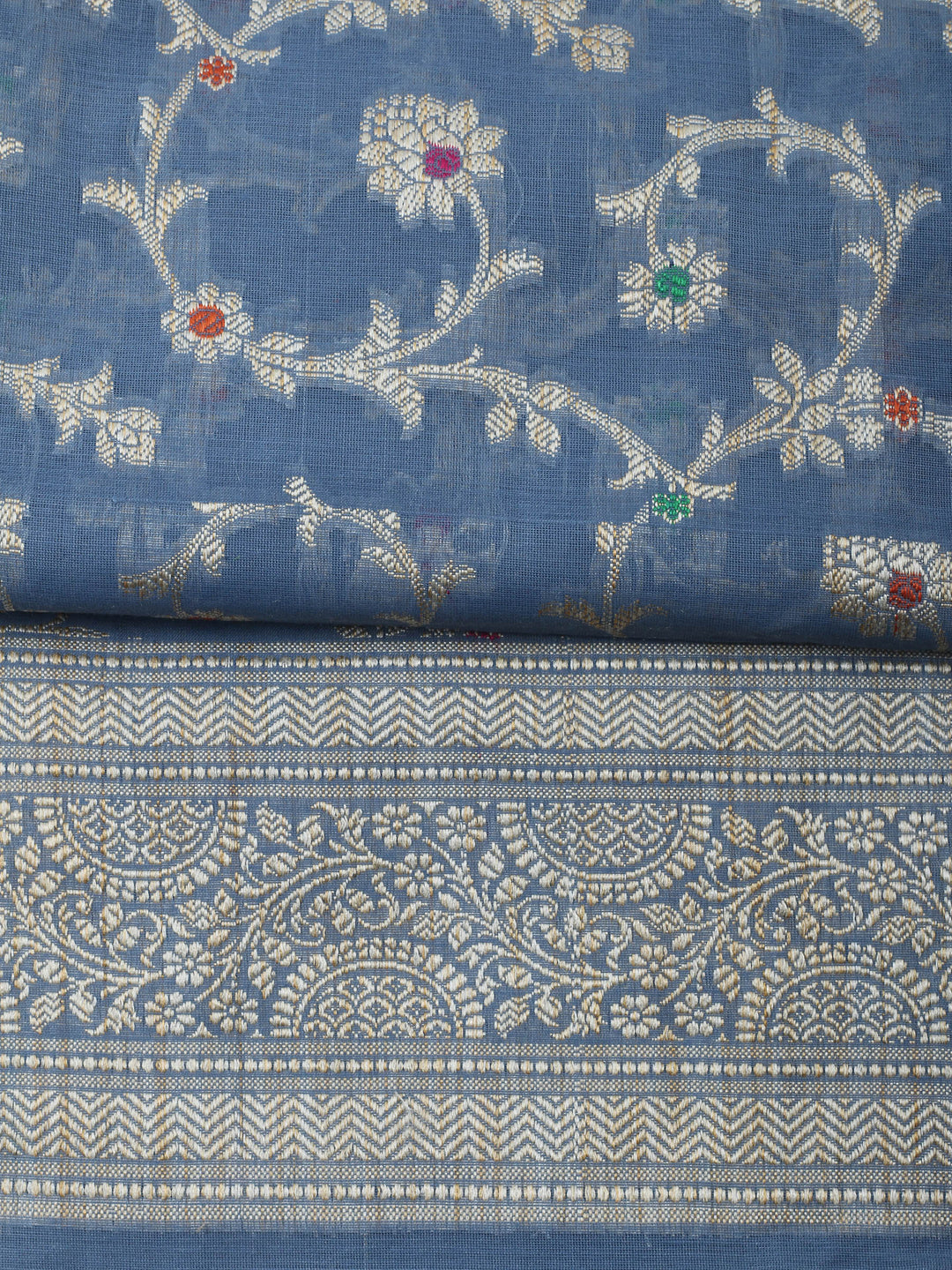 Grey Blue Chanderi Banarasi Unstitched Dress Material