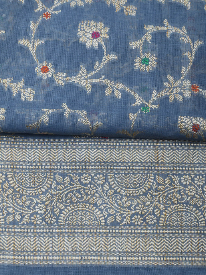 Grey Blue Chanderi Banarasi Unstitched Dress Material
