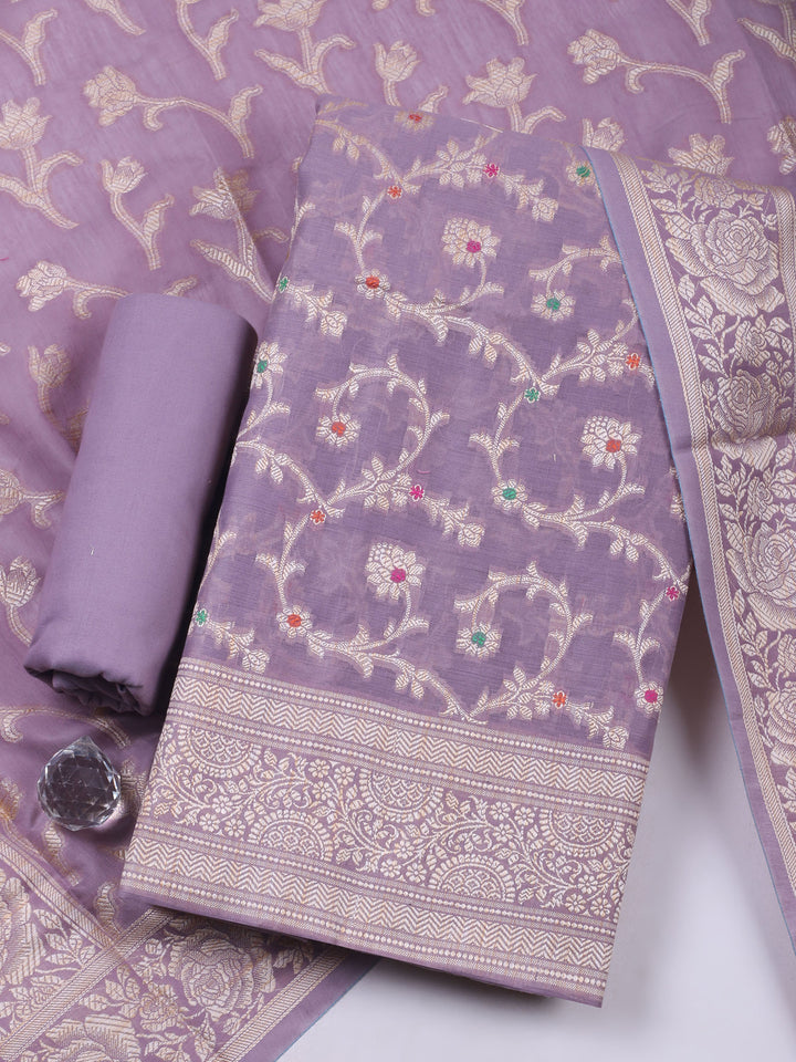 Mauve Chanderi Banarasi Unstitched Dress Material