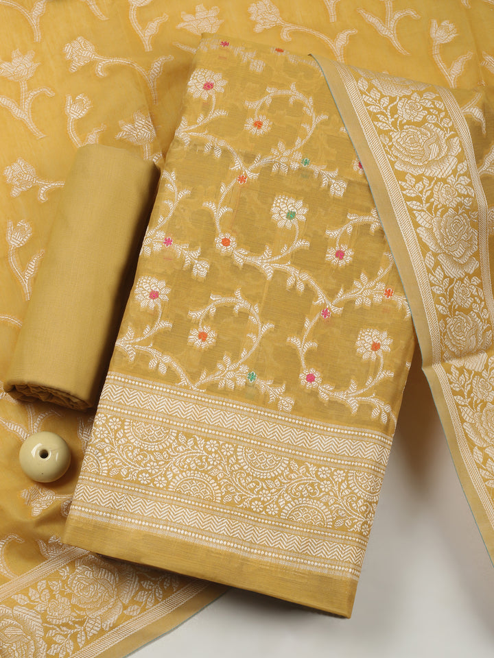 Mustard Chanderi Banarasi Unstitched Dress Material