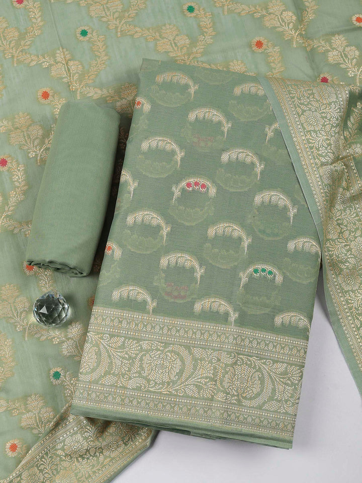 Aqua Green Woven Design Chanderi Unstitched Suit &amp; Pant With Banarsi Dupatta