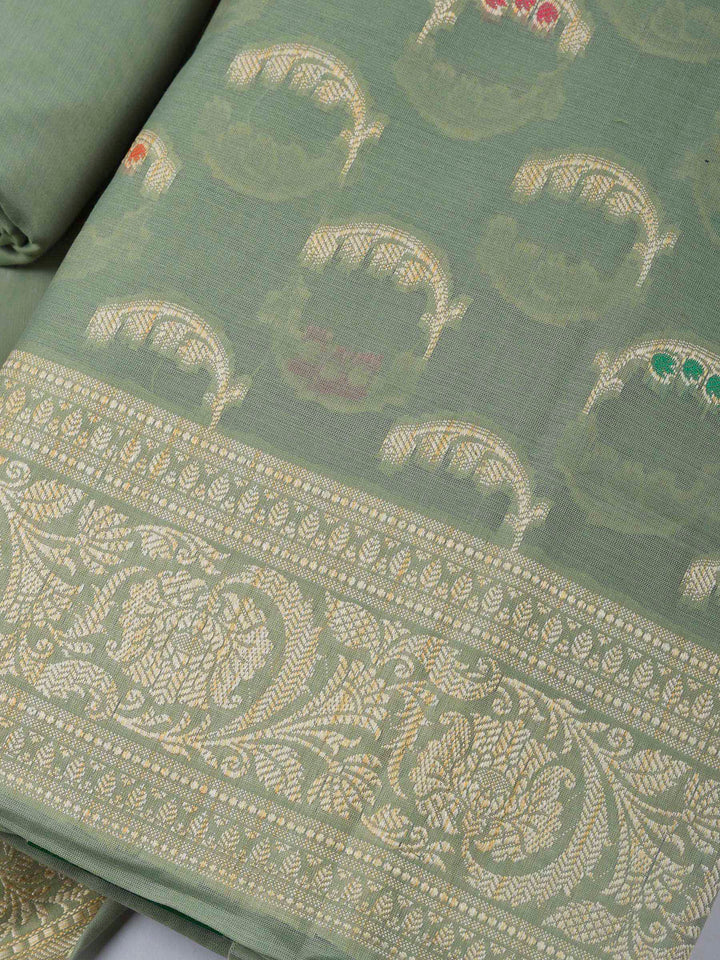 Aqua Green Woven Design Chanderi Unstitched Suit &amp; Pant With Banarsi Dupatta