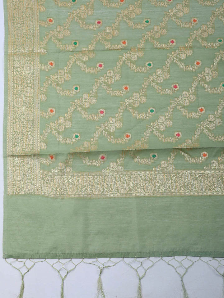Aqua Green Woven Design Chanderi Unstitched Suit &amp; Pant With Banarsi Dupatta
