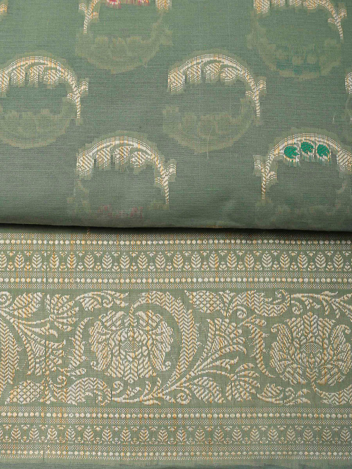 Aqua Green Woven Design Chanderi Unstitched Suit &amp; Pant With Banarsi Dupatta