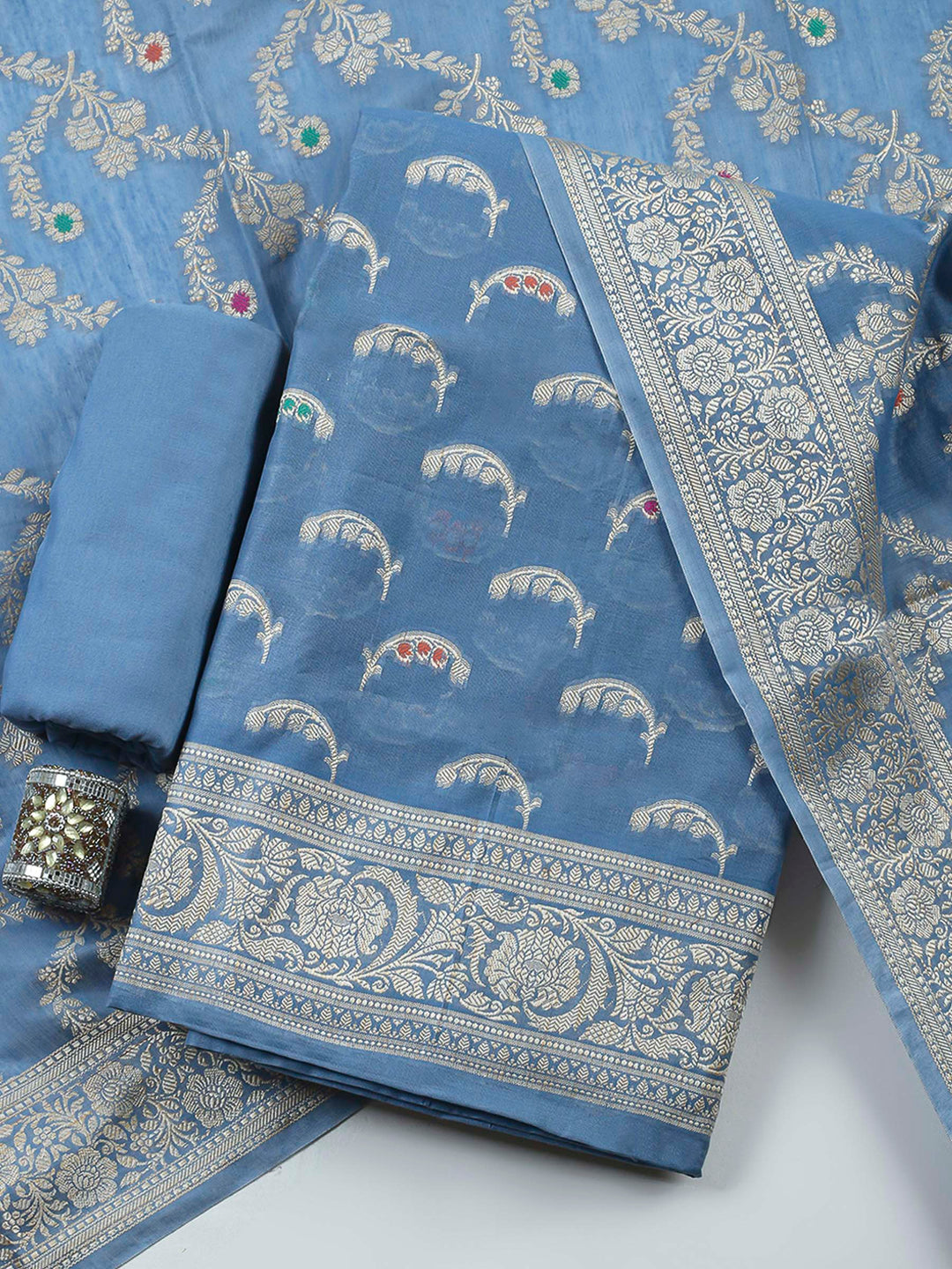 Grey Woven Design Chanderi Unstitched Suit &amp; Pant With Banarsi Dupatta