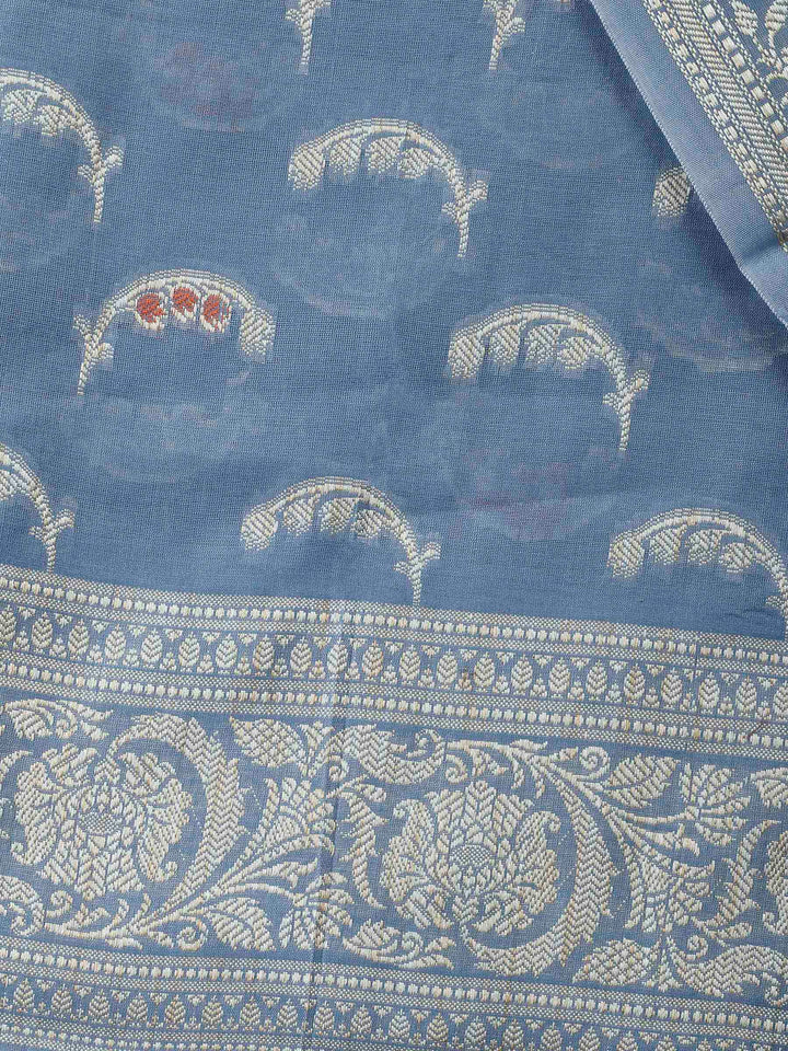 Grey Woven Design Chanderi Unstitched Suit &amp; Pant With Banarsi Dupatta