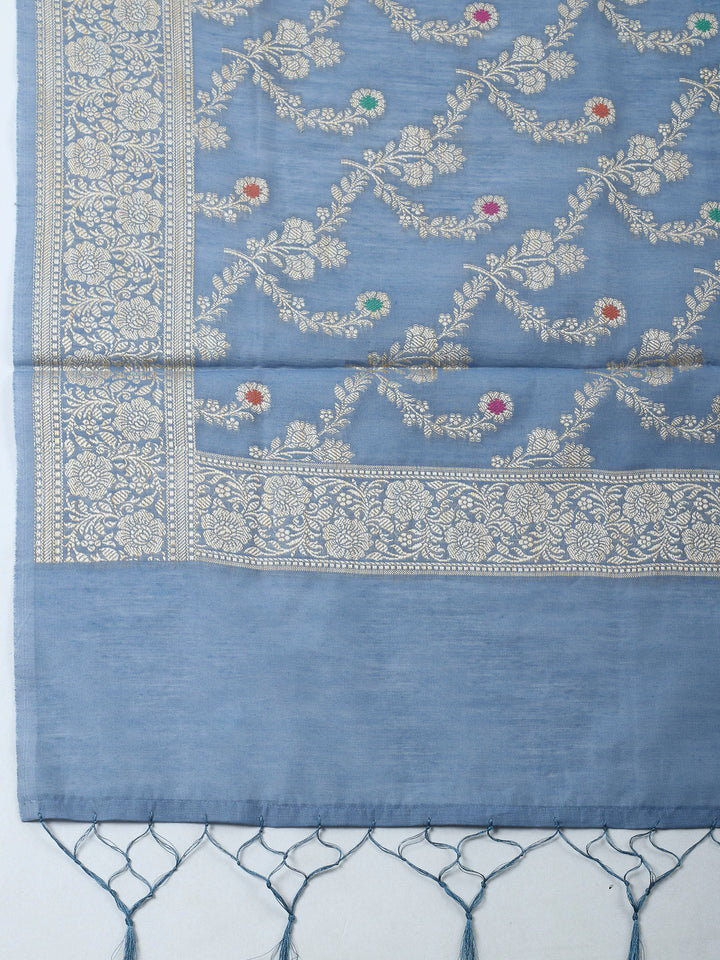 Grey Woven Design Chanderi Unstitched Suit &amp; Pant With Banarsi Dupatta