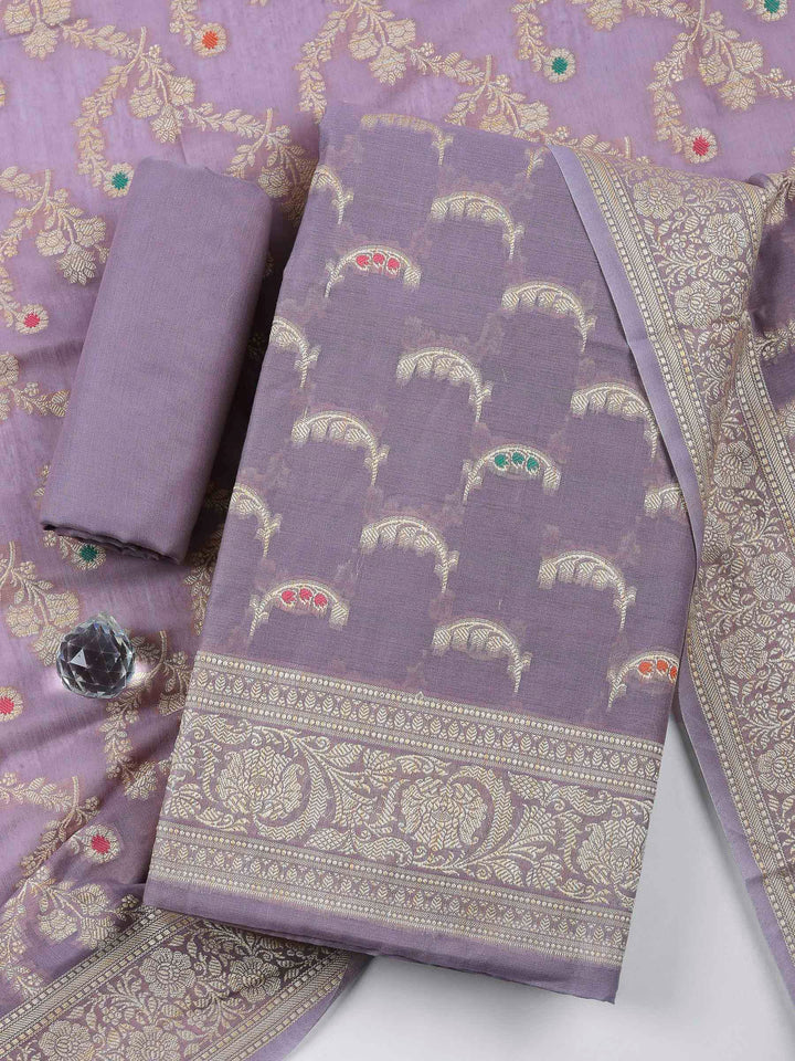 Lavender Woven Design Chanderi Unstitched Suit &amp; Pant With Banarsi Dupatta