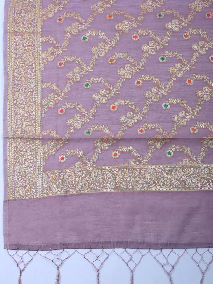 Lavender Woven Design Chanderi Unstitched Suit &amp; Pant With Banarsi Dupatta