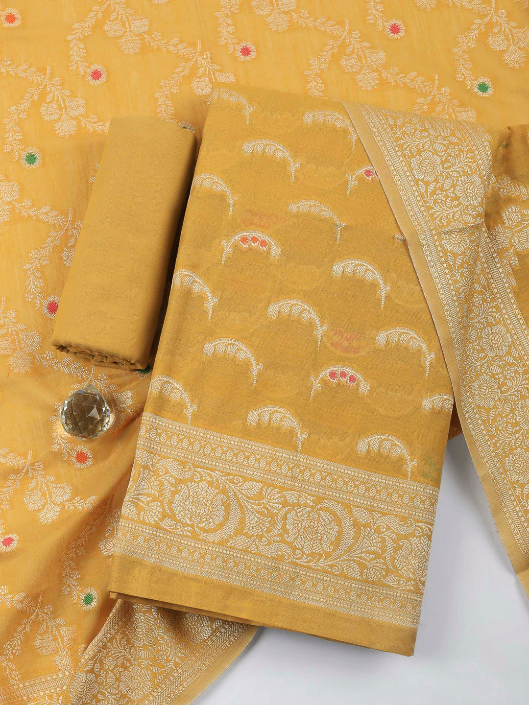 Mustard Woven Design Chanderi Unstitched Suit &amp; Pant With Banarsi Dupatta
