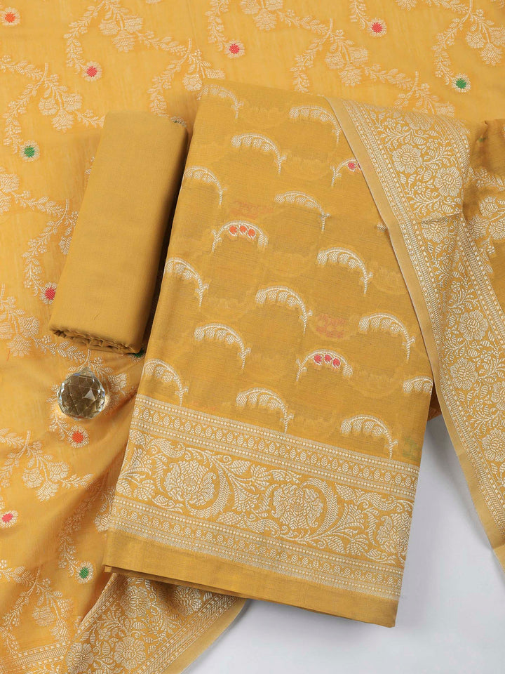 Mustard Woven Design Chanderi Unstitched Suit &amp; Pant With Banarsi Dupatta
