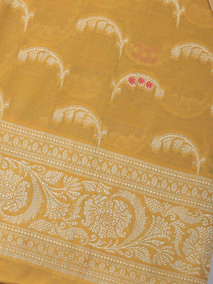 Mustard Woven Design Chanderi Unstitched Suit &amp; Pant With Banarsi Dupatta