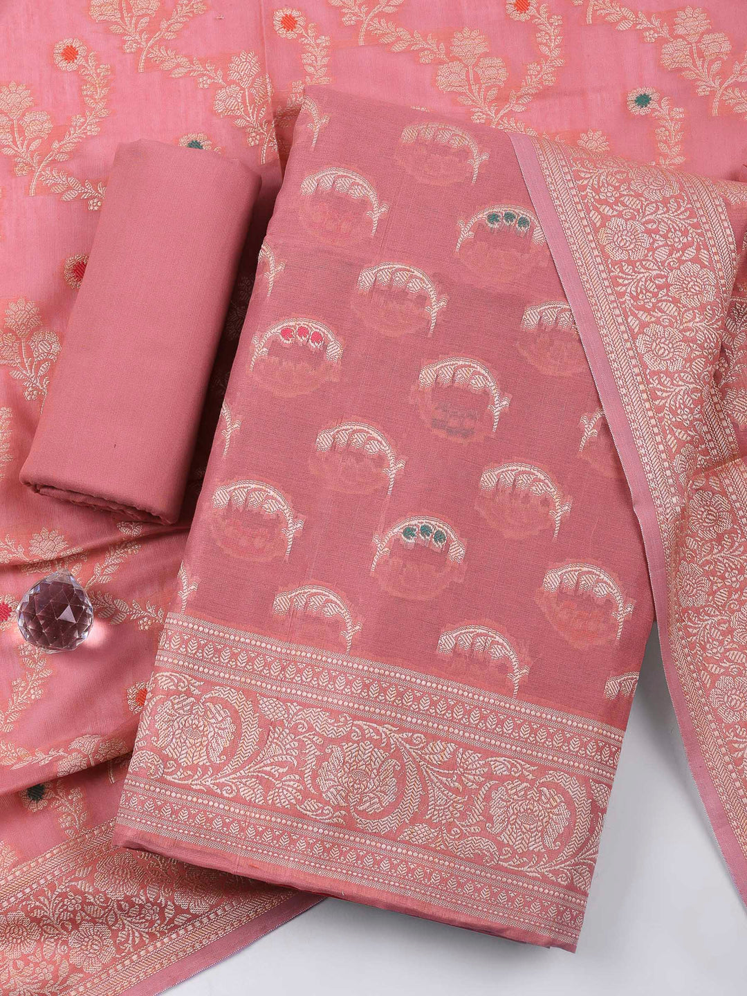 Pink Woven Design Chanderi Unstitched Suit &amp; Pant With Banarsi Dupatta