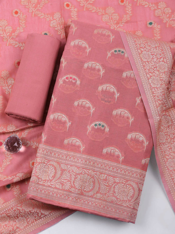 Pink Woven Design Chanderi Unstitched Suit &amp; Pant With Banarsi Dupatta